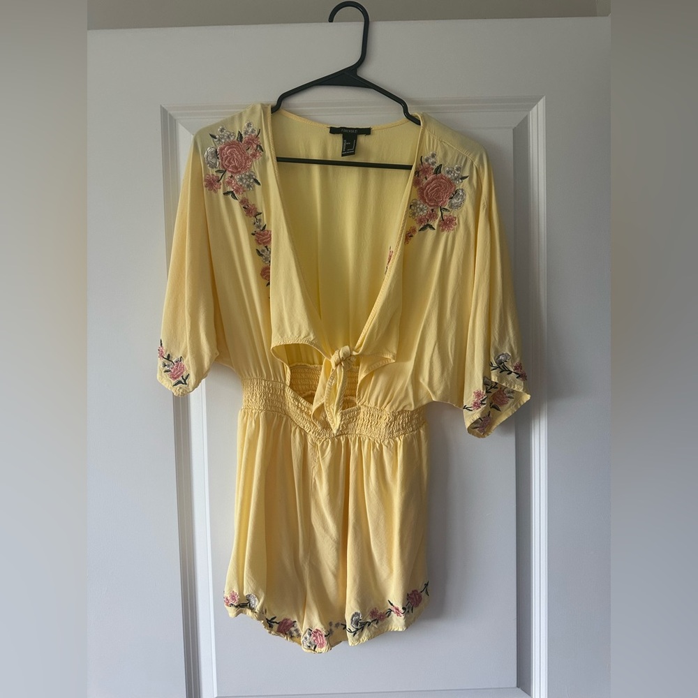 Forever 21 Yellow Floral Embroidered Romper